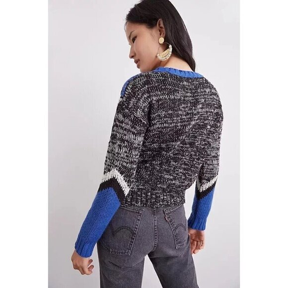 Anthropologie Retro Colorblock Fringe Pullover Knit Sweater Blue Black sz Small - Picture 4 of 8